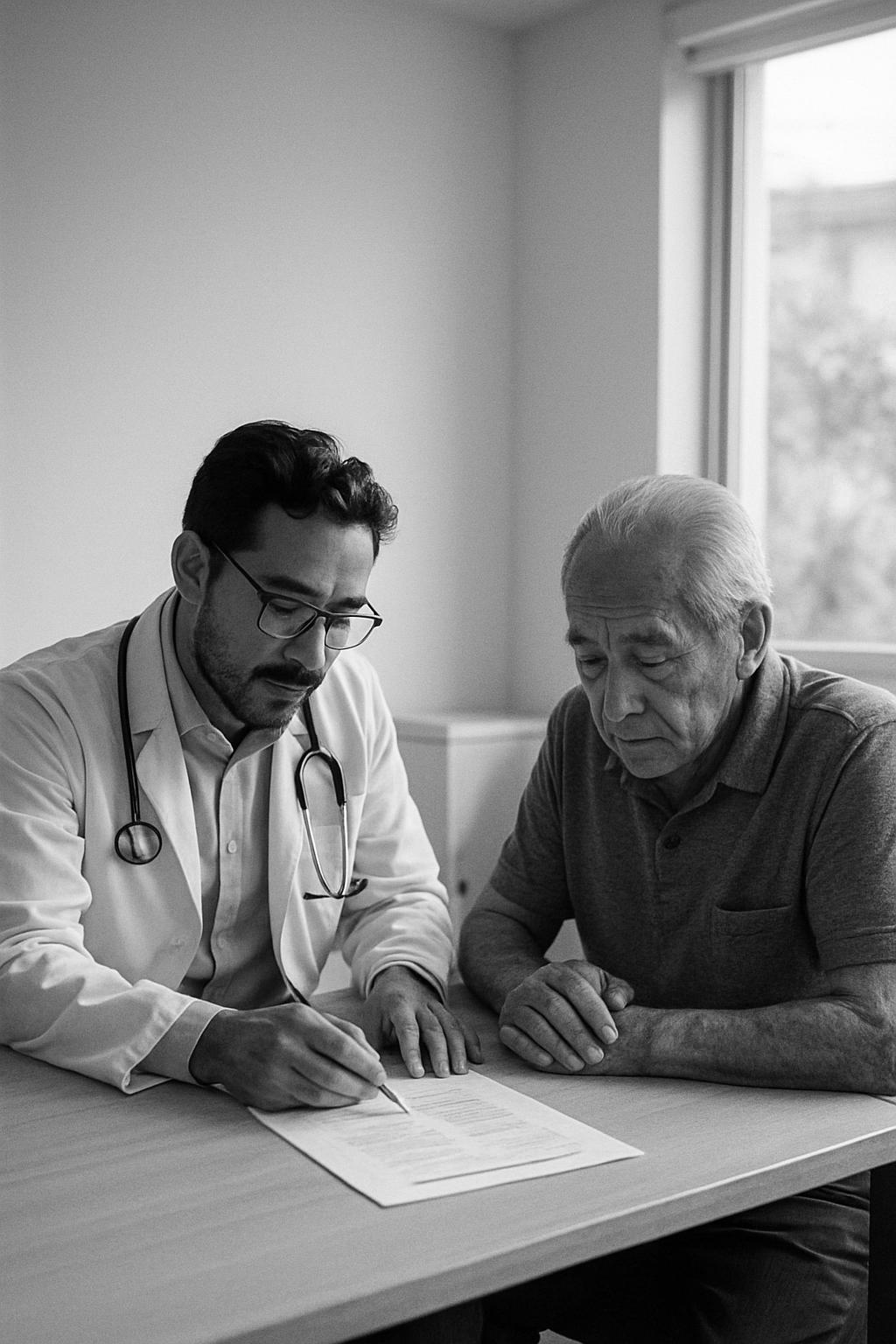 Un médico revisa un plan de cuidado aprobado con un paciente.